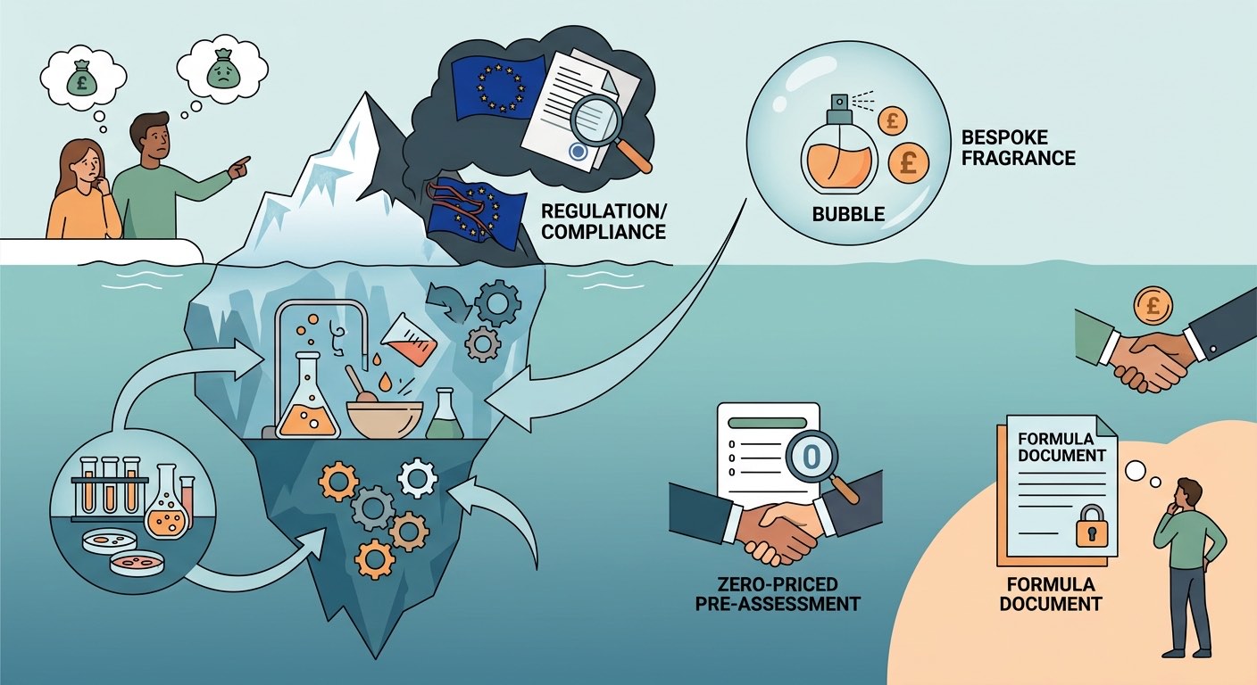 Iceberg diagram of a cosmetic development budget: regulation and compliance sit above the waterline as the visible part, while formulation glassware, laboratory testing and gears for reformulation fill the much larger mass below. To the side, a bespoke fragrance priced in pounds inside a bubble, a handshake over a pre-assessment line priced at zero, and a formula document closed with a padlock