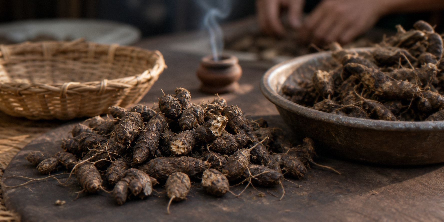 Dried gowé tubers piled on a wooden board beside a woven basket, a metal bowl of unsorted roots and a small clay incense burner, with hands sorting roots out of focus behind