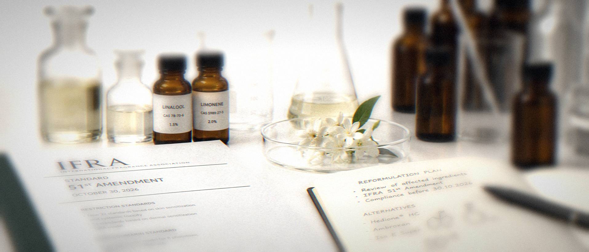 IFRA's 51st Amendment standard document on a lab bench next to labeled ingredient bottles and a formulator's reformulation notes