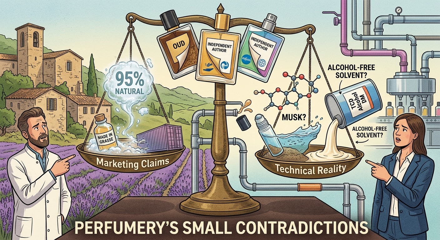 Illustrated balance weighing marketing claims against technical reality: on the left a Provencal village, a lavender field, a bottle labelled made in Grasse and a 95% natural cloud rising from a shipping container; on the right a filling plant, a roll-on perfume oil, a musk molecule marked musk? and a tin of TCD Alcohol DM marked alcohol-free solvent?