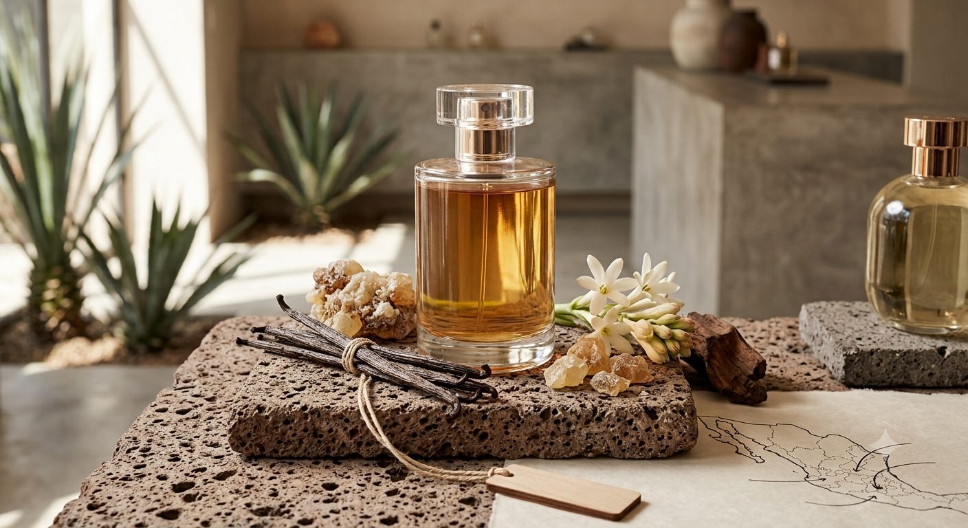 A perfume bottle on volcanic stone surrounded by Mexican botanicals: vanilla pods, copal resin, tuberose and agave