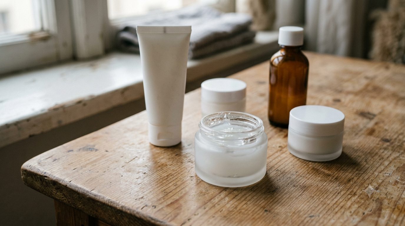 Unbranded skincare jars and an open gel moisturizer on a light wood surface