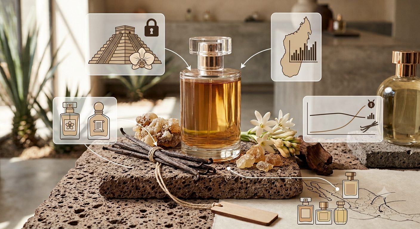 A perfume bottle on volcanic stone with vanilla pods, copal resin and tuberose, and diagram icons contrasting Mexico's vanilla origin with Madagascar's market dominance